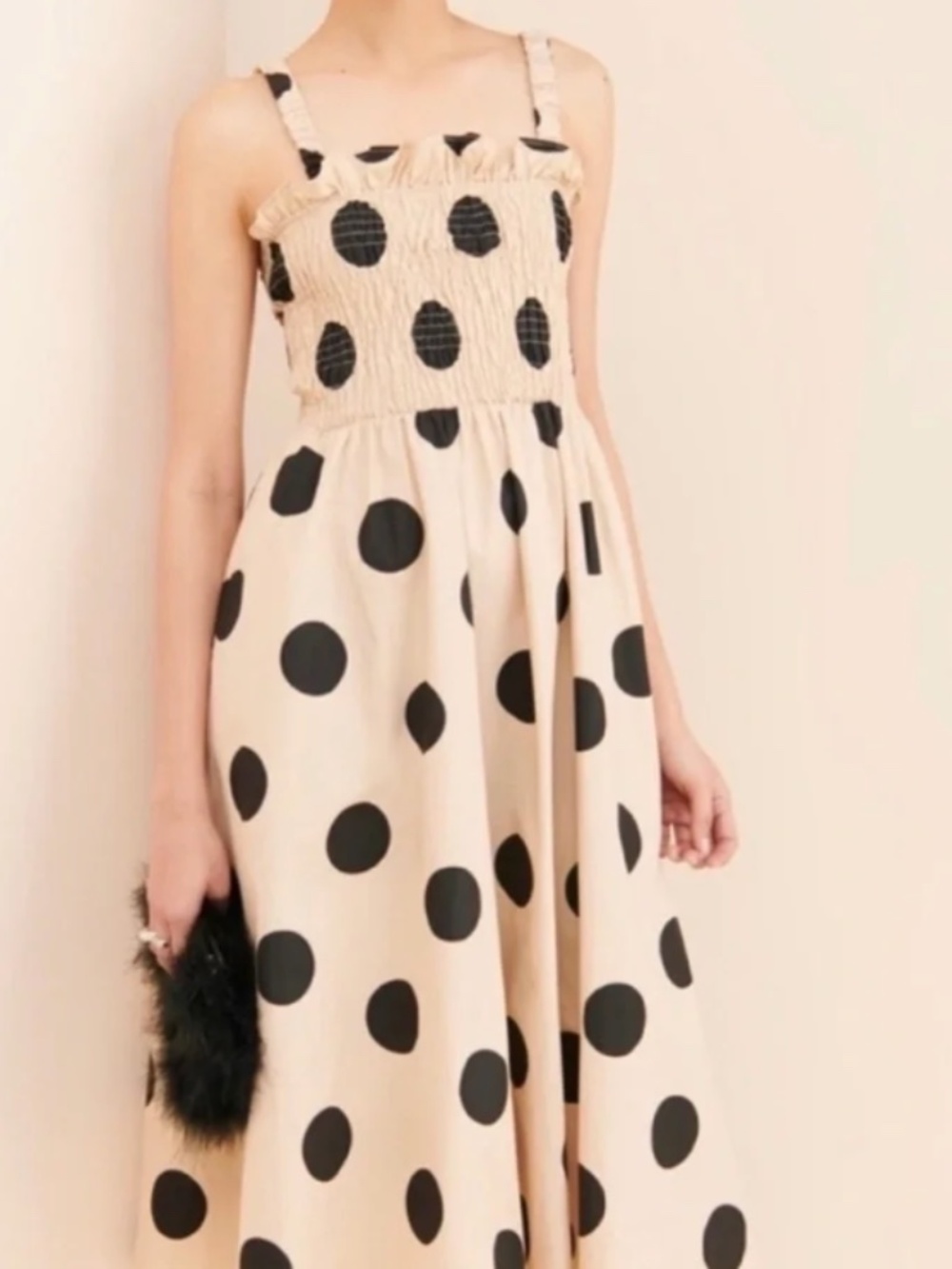 English Factory Beige Midi Dress with Black Polka Dots
